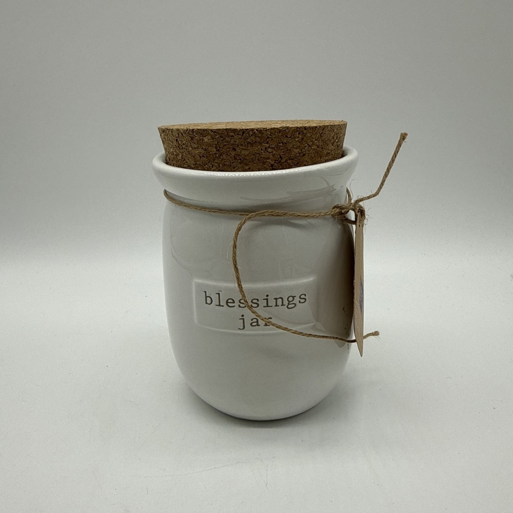 Mud Pie White Ceramic "Blessings Jar" Cork Topper & Hearts 5" Country Cottage